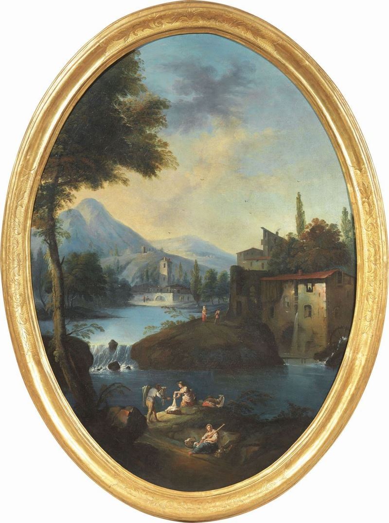 Scuola Emiliana del XVIII Secolo - Paesaggio Fluviale con Lavandaie e Mulini