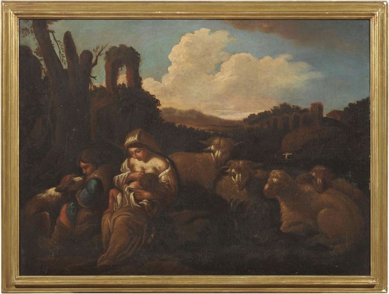Scuola Romana Inizio XVIII Secolo - Maternità con Armenti in Paesaggio con Rovine