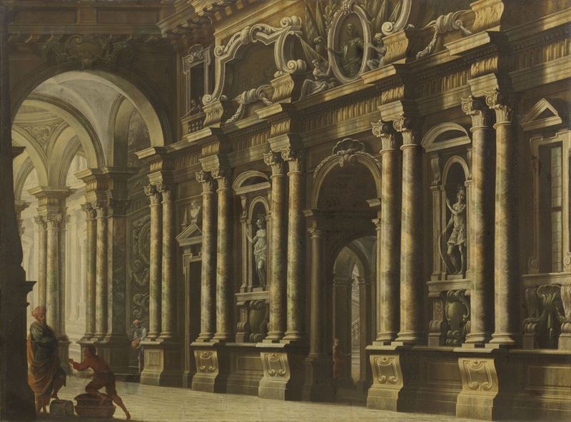 Scuola Emiliana del XVIII Secolo - Veduta Architettonica con Figure