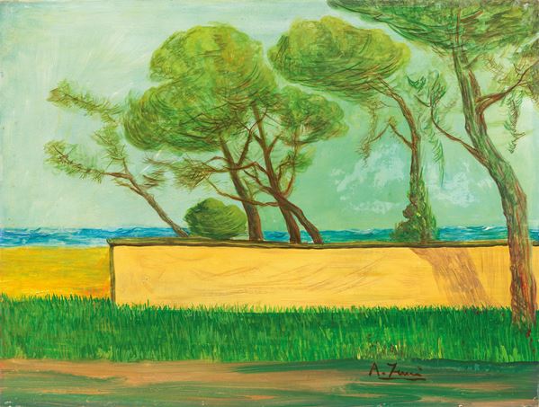 Achille Funi : Paesaggio marino  (1968)  - Tempera su carta applicata su faesite - Auction Modern Art - II - Casa d'aste Farsettiarte