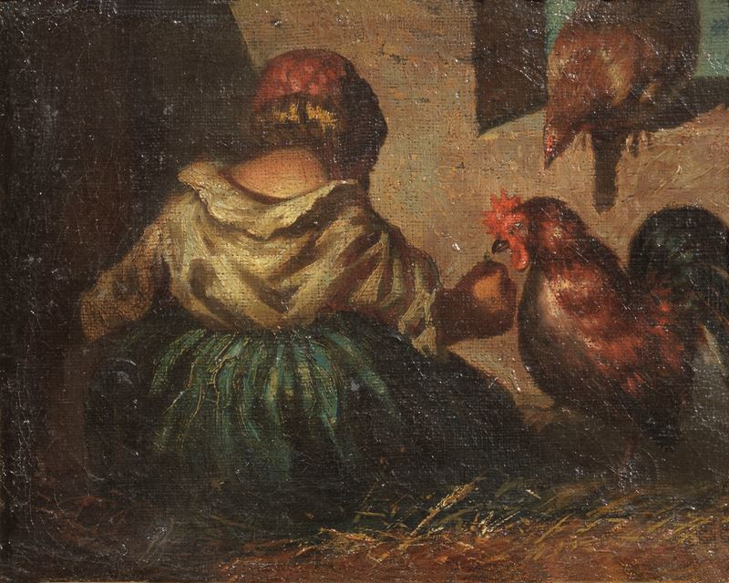Ignoto Inizio XIX Secolo - Villana Dà il Cibo a un Galletto