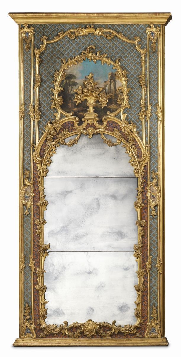 Coppia di Grandi Specchiere in Legno Laccato, Decorato e Dorato