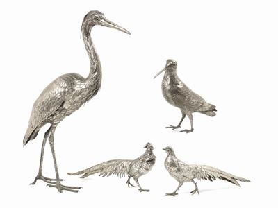 Gruppo di Quattro Uccelli in Argento Sbalzato