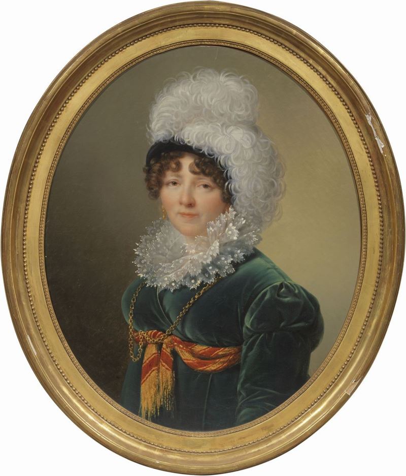 Scuola Francese Prima Metà del XIX Secolo - Ritratto di Signora con Cappello di Piume