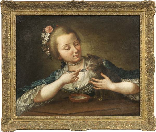 Giuseppe Piattoli (attr. a) - Gentildonna che ciba un gattino