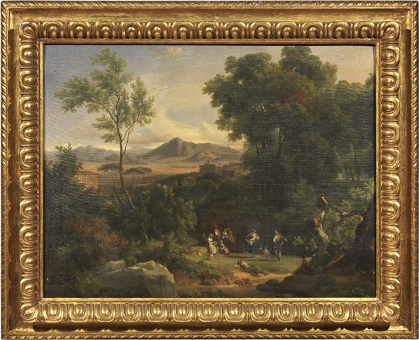 Scuola italiana del XIX secolo - Paesaggio della campagna romana con festa di villici che danzano