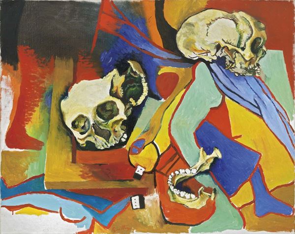 Renato Guttuso : Teschi con omaggio a Picasso e alla sua Crocifissione  (1973)  - Olio su tela - Asta ARTE MODERNA - II - Casa d'aste Farsettiarte