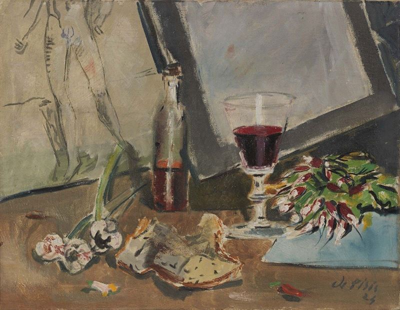 Filippo De Pisis - Natura Morta con Nudino e Vino Rosso