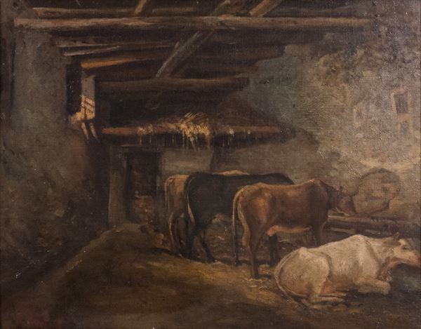 Ignoto del XIX secolo - Interno di stalla con mucche