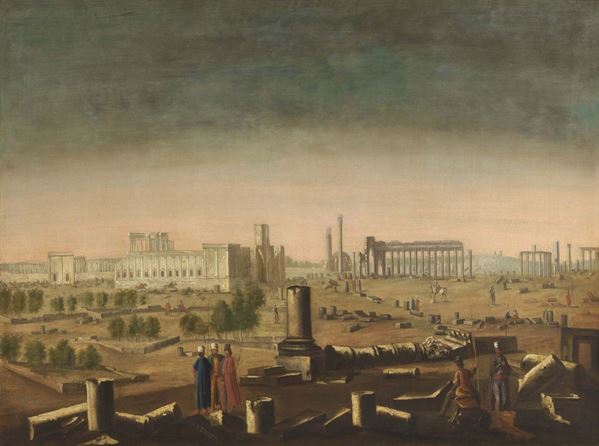 Ignoto vedutista del XIX secolo - «Paesaggio con rovine di colonne e figure turchesche» e «Paesaggio con colonnato in prospettiva e figure»