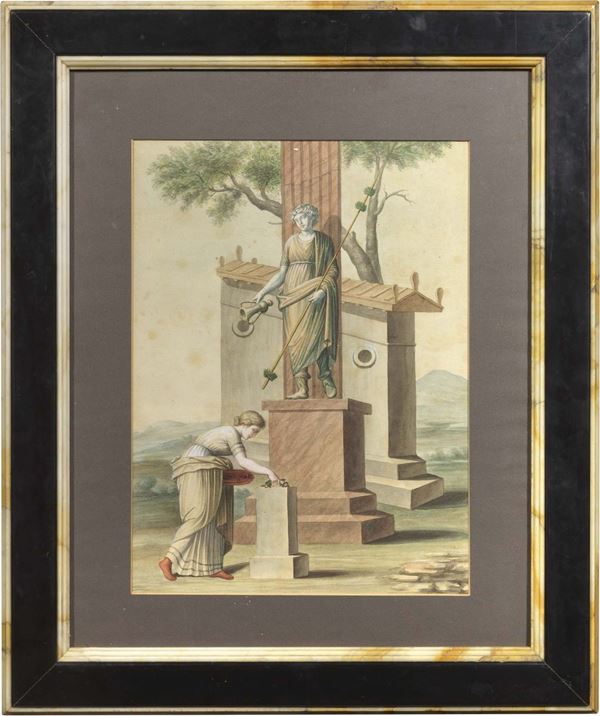 Scuola neoclassica inizio XIX secolo - «Sacrificio alla statua di Dioniso», «Sacrificio a Atena» e «Bacco e Arianna»
