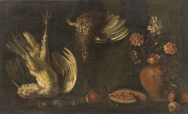 Scuola emiliana del XVIII secolo - Natura morta con galline, cocomero e vaso di fiori