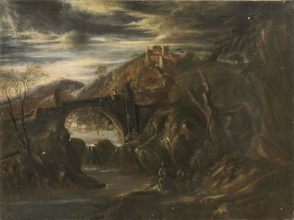 Scuola fiamminga del XVII secolo - «Paesaggio con ponte e borgo turrito» e «Paesaggio fluviale con figure»