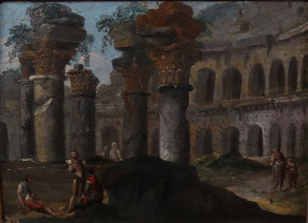 Ignoto fine XVIII secolo - «Paesaggio con rovine di anfiteatro e figure» e «Paesaggio con edicola e cariatidi»
