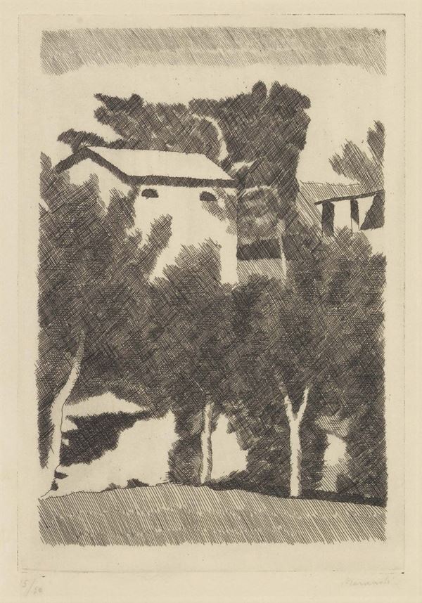 Giorgio Morandi : Paesaggio con tre alberi  (1931 o 1933)  - Acquaforte, es. 15/50 - Asta ARTE MODERNA - II - Casa d'aste Farsettiarte