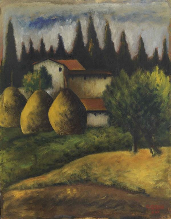 Ottone Rosai : Paesaggio con i covoni  (1938)  - Olio su tavola - Auction MODERN ART - II - Casa d'aste Farsettiarte