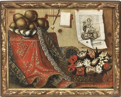 Natura Morta con Fiori, Frutta e Stampa (trompe L'oeil)
