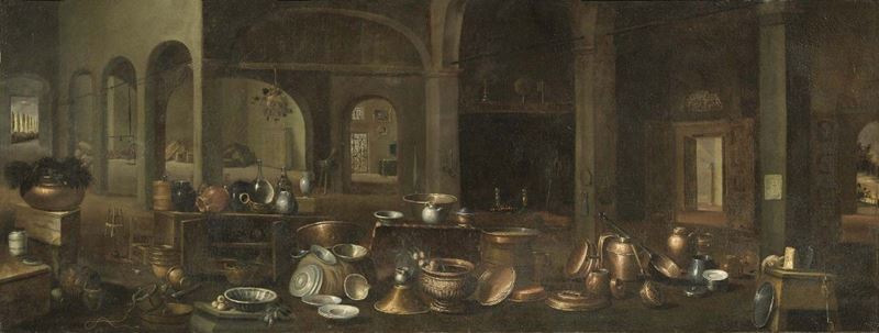 Gian Domenico Valentino (attr. A) - Natura Morta con Interno di Cucina