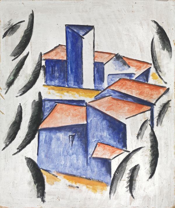 Ardengo Soffici : Casolari  (1912-13)  - Tempera su cartone - Asta Arte Moderna - II - Casa d'aste Farsettiarte