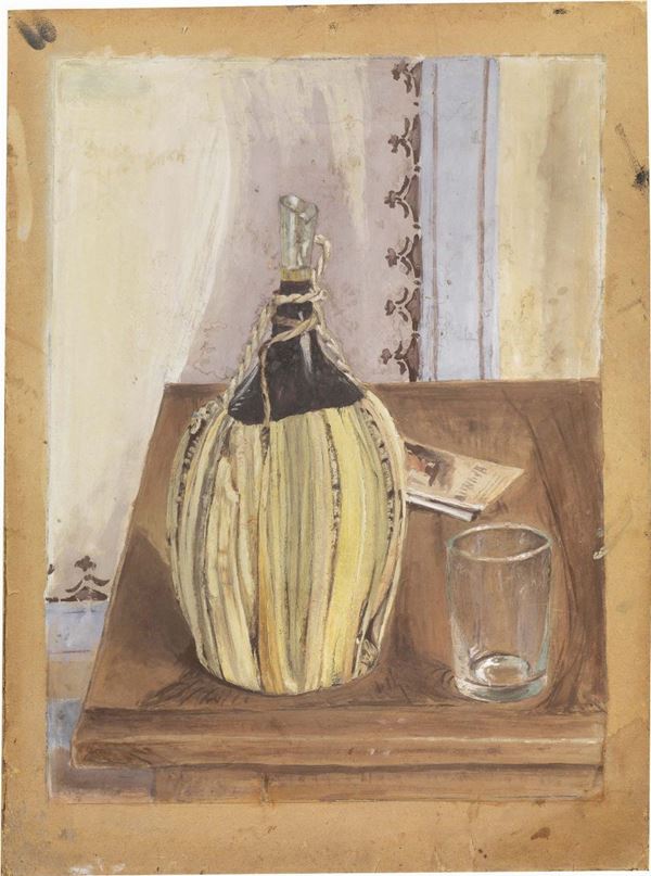 Ardengo Soffici : Fiasco e bicchiere  ((1920))  - Tempera su cartone - Auction MODERN ART - II - Casa d'aste Farsettiarte