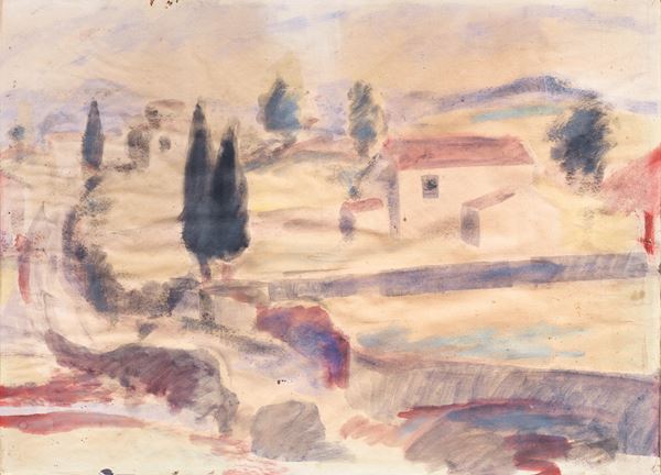 Ardengo Soffici : Paesaggio di Poggio a Caiano, il Concone  ((1921))  - Acquerello su carta - Asta ARTE MODERNA - II - Casa d'aste Farsettiarte