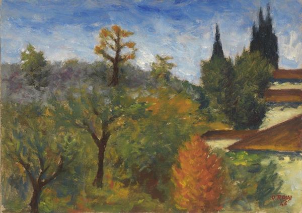 Ottone Rosai : Paesaggio d'autunno  (1946)  - Olio su cartone applicato su tela - Asta ARTE MODERNA - II - Casa d'aste Farsettiarte