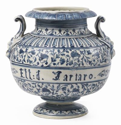 Vaso Globulare Biansato da Farmacia in Maiolica Bianco Blu