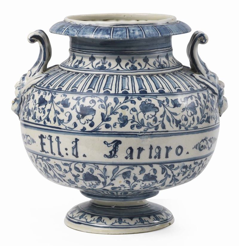 Vaso Globulare Biansato da Farmacia in Maiolica Bianco Blu