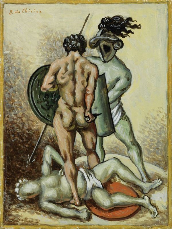 Giorgio de Chirico : Gladiatori che combattono  (1958-60)  - Olio su tela - Auction MODERN ART - II - Casa d'aste Farsettiarte