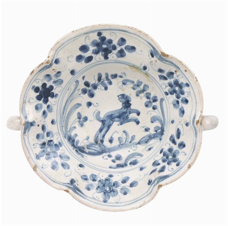 Piccola Ciotola Biansata in Maiolica Bianco Blu