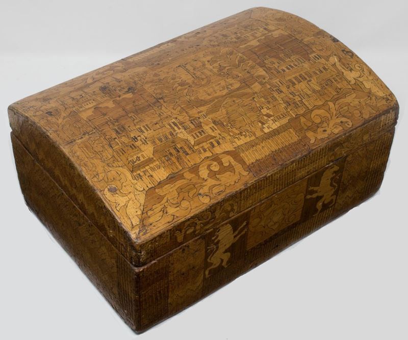 Cofanetto in Legno Intarsiato e Pirografato in Legni Chiari