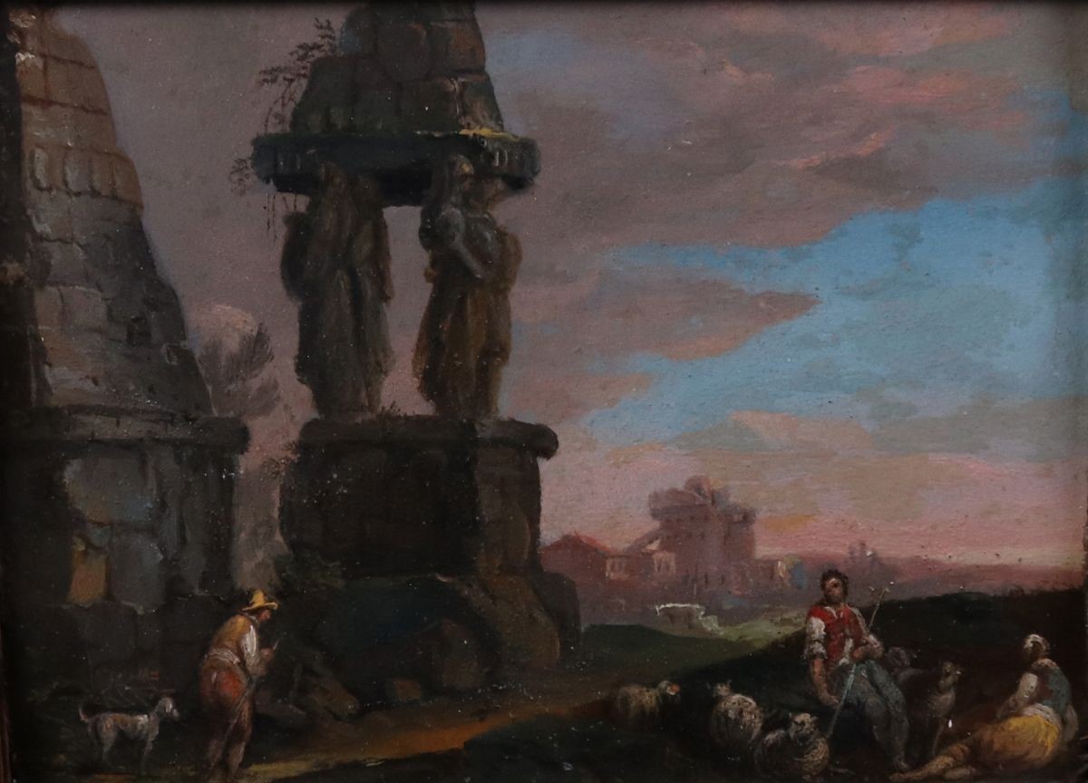 Ignoto Fine XVIII Secolo - «paesaggio con Rovine di Anfiteatro e Figure» e «paesaggio con Edicola...