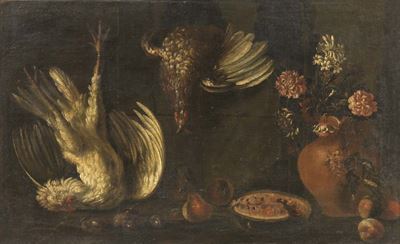 Natura Morta con Galline, Cocomero e Vaso di Fiori