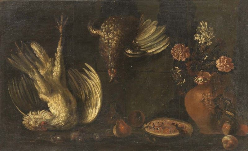 Scuola Emiliana del XVIII Secolo - Natura Morta con Galline, Cocomero e Vaso di Fiori