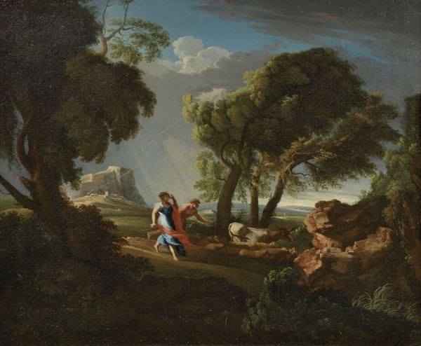 Scuola francese inizio XVIII secolo - «Paesaggio tempestoso con fulmine e figure» e «Paesaggio arcadico fluviale con figure e armenti»