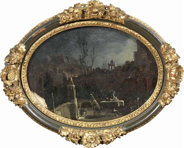 Ignoto del XIX secolo - Paesaggio notturno con architetture e oggetti