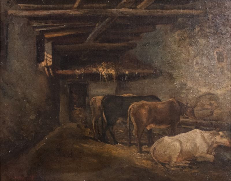 Ignoto del XIX Secolo - Interno di Stalla con Mucche