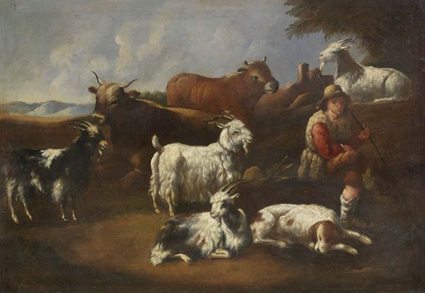 Seguace del XVIII secolo di Rosa da Tivoli - Paesaggio con pastore e armenti