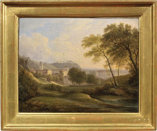 Ignoto lombardo prima met&#224; del XIX secolo - «Paesaggio con monastero» e «Paesaggio con edificio neoclassico»