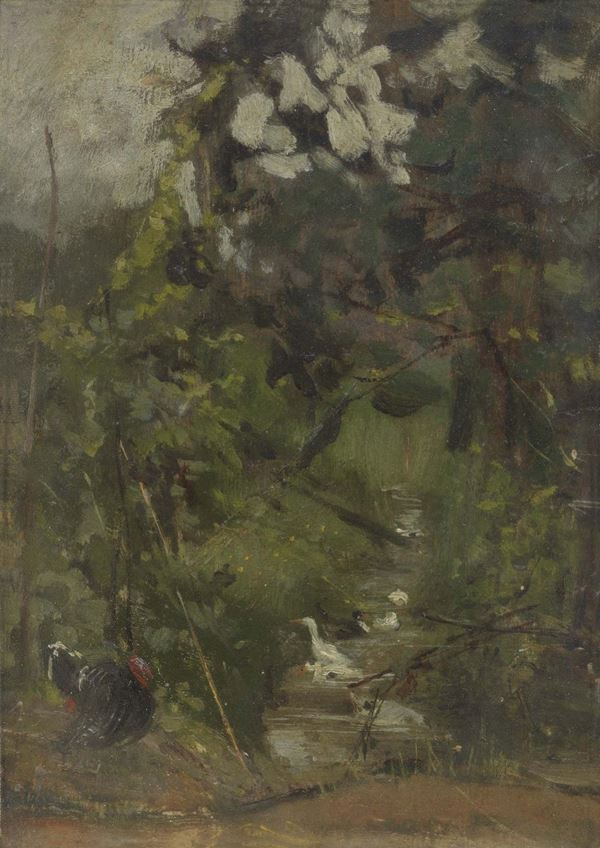 Ignoto del XIX secolo - Paesaggio con oca e tacchino