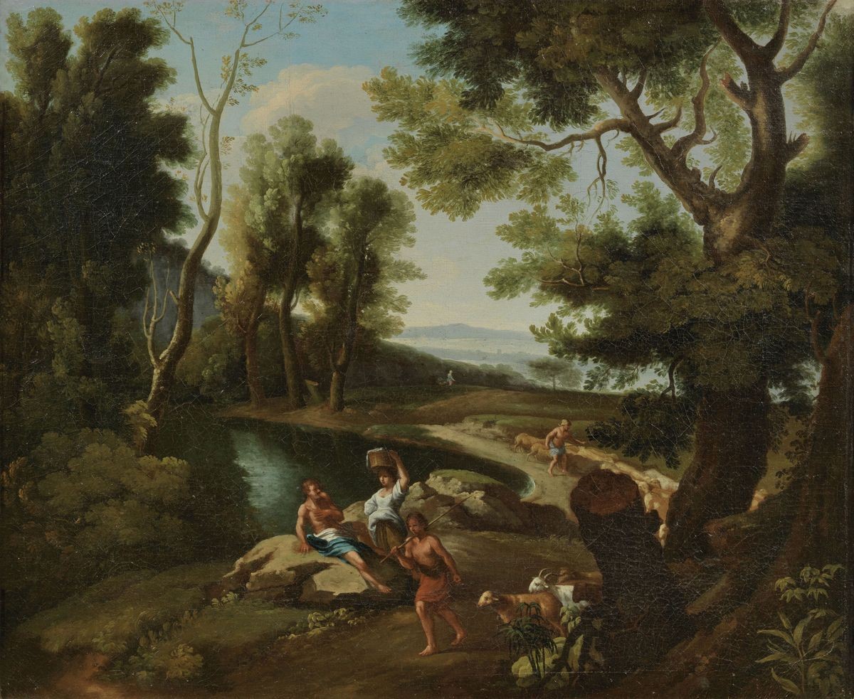 Scuola Francese Inizio XVIII Secolo - «paesaggio Tempestoso con Fulmine e Figure» e «paesaggio Ar...