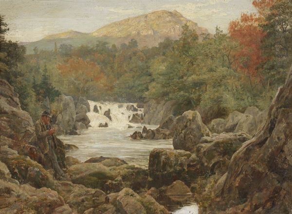 Ignoto francese del XIX secolo - Paesaggio montano con pescatore