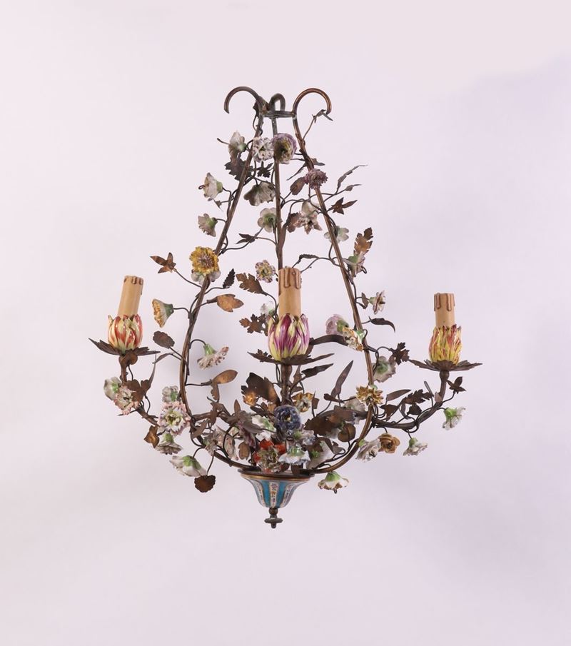 Lampadario a Tre Luci con Struttura in Ottone