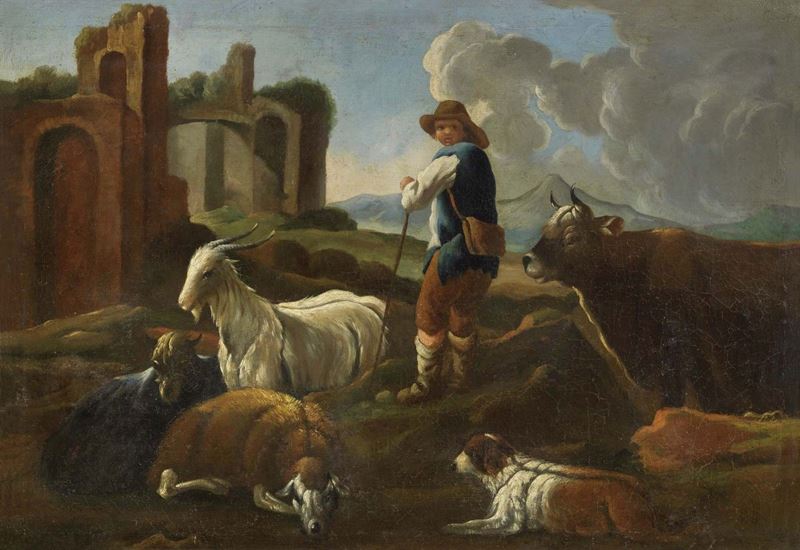 Seguace del XVIII Secolo di Rosa da Tivoli - Paesaggio con Pastore e Armenti