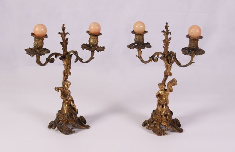 Due Candelieri a Tre Luci in Bronzo Dorato