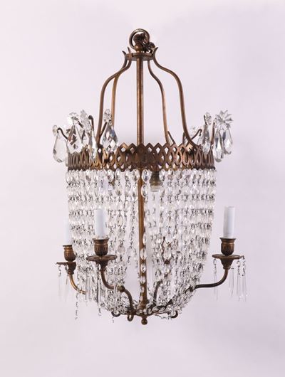 Lampadario a Cascata con Struttura in Ottone e Cristalli