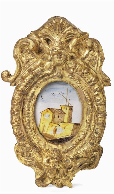 Ambrogetta Ovale in Maiolica Policroma con Cornice in Terracotta Dorata