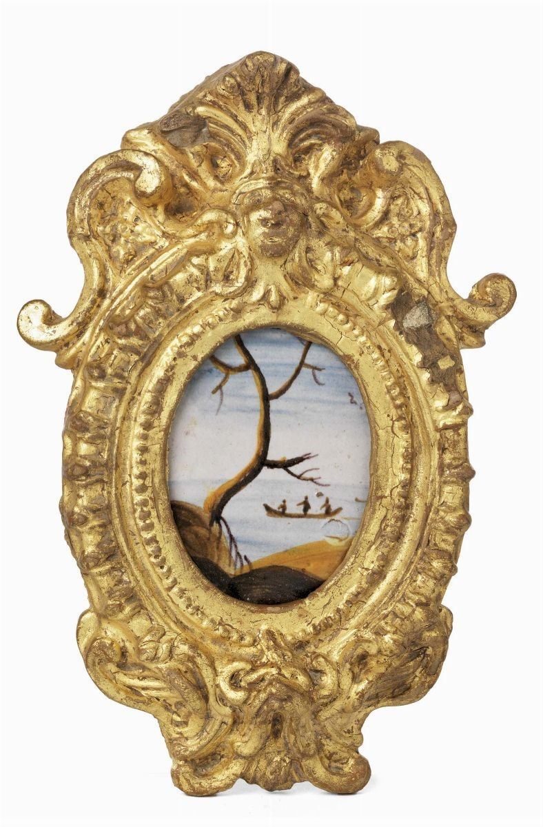 Ambrogetta Ovale in Maiolica Policroma con Cornice in Terracotta Dorata