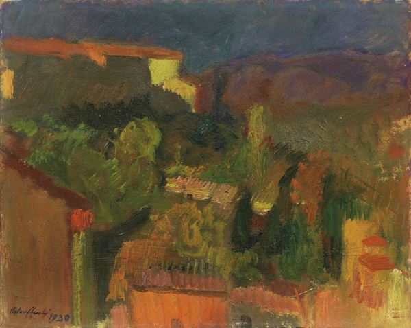 Arturo Checchi : Paesaggio estivo  (1929)  - Olio su compensato - Asta DIPINTI E SCULTURE DEL XIX E XX SECOLO - II - Casa d'aste Farsettiarte