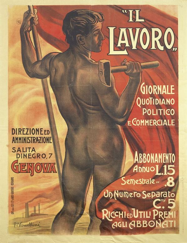 Plinio Nomellini : Manifesto per «Il Lavoro» di Genova  (1903)  - Litografia a colori su carta applicata su tela - Auction XIX AND XX CENTURY PAINTINGS AND SCULPTURES - II - Casa d'aste Farsettiarte